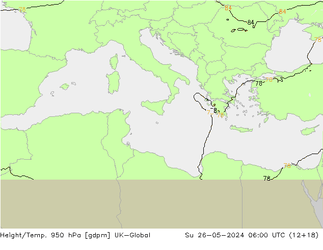 Hoogte/Temp. 950 hPa UK-Global zo 26.05.2024 06 UTC