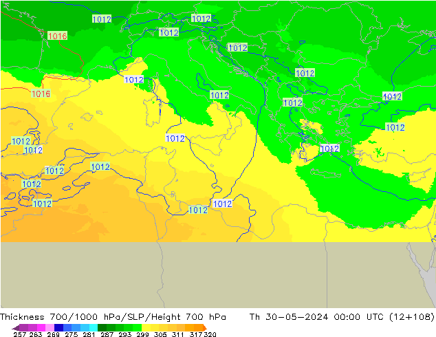 Thck 700-1000 hPa UK-Global Čt 30.05.2024 00 UTC