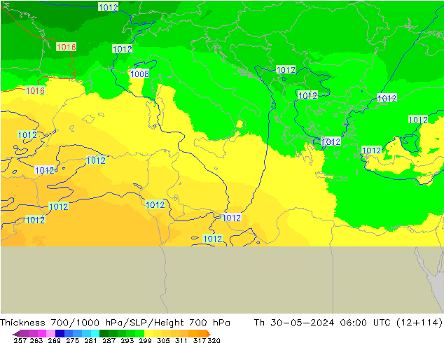 Espesor 700-1000 hPa UK-Global jue 30.05.2024 06 UTC