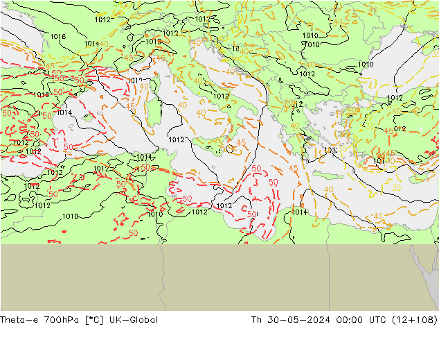Theta-e 700hPa UK-Global Čt 30.05.2024 00 UTC