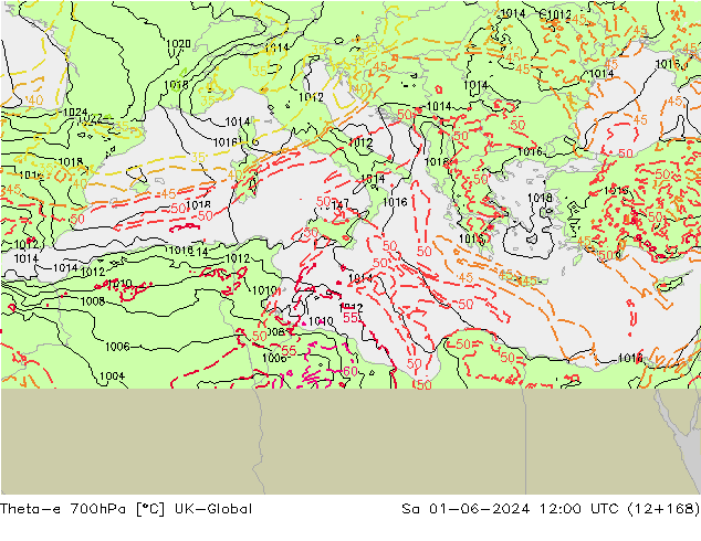 Theta-e 700гПа UK-Global сб 01.06.2024 12 UTC