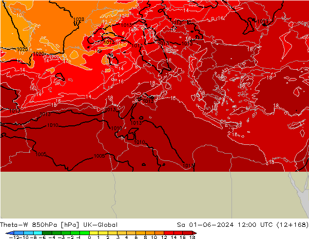 Theta-W 850гПа UK-Global сб 01.06.2024 12 UTC