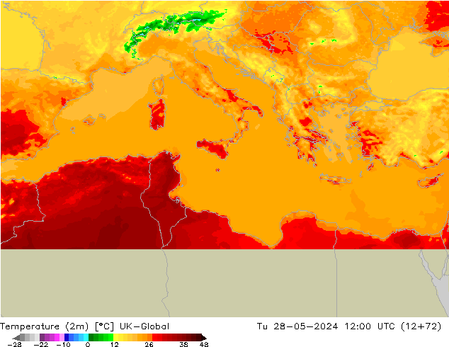 Temperatuurkaart (2m) UK-Global di 28.05.2024 12 UTC
