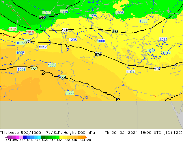 Thck 500-1000hPa UK-Global Čt 30.05.2024 18 UTC