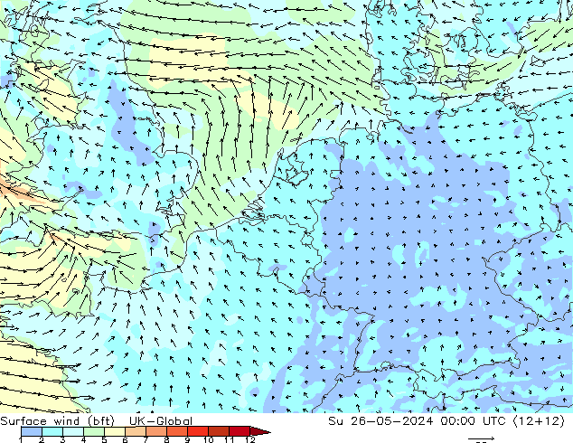 Viento 10 m (bft) UK-Global dom 26.05.2024 00 UTC