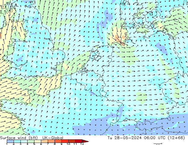 Viento 10 m (bft) UK-Global mar 28.05.2024 06 UTC