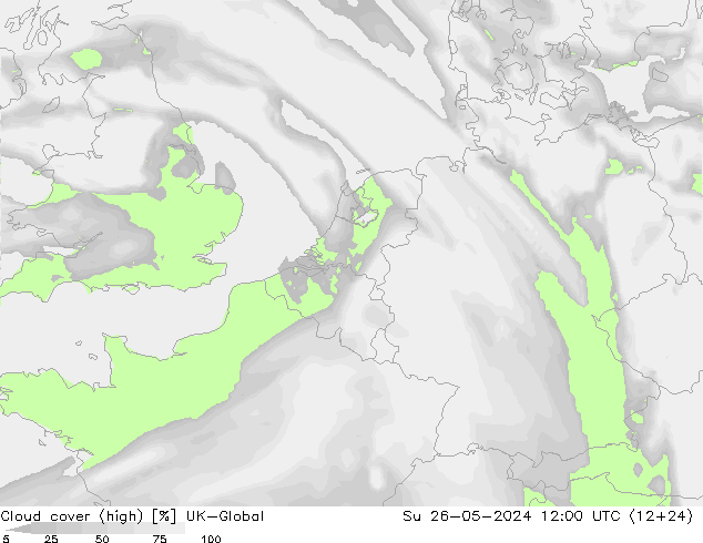 Cloud cover (high) UK-Global Su 26.05.2024 12 UTC