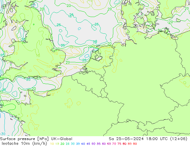 Isotachen (km/h) UK-Global Sa 25.05.2024 18 UTC