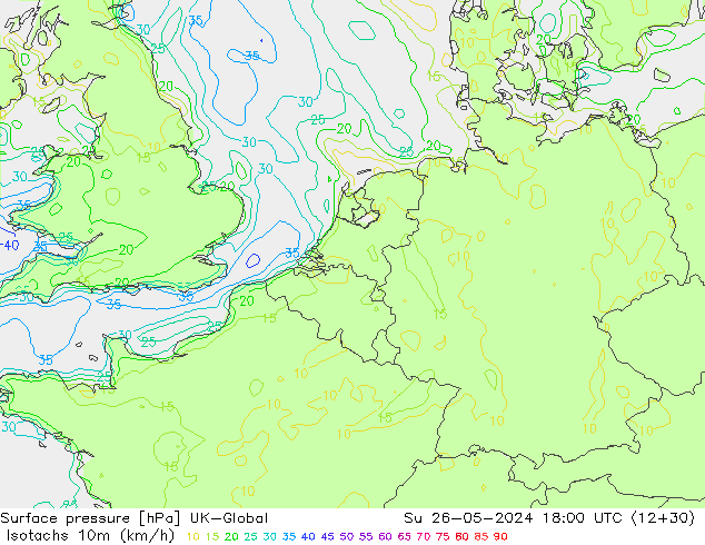 Isotachen (km/h) UK-Global zo 26.05.2024 18 UTC