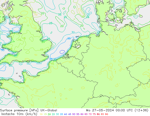 Isotachen (km/h) UK-Global Mo 27.05.2024 00 UTC