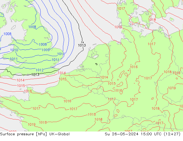 Pressione al suolo UK-Global dom 26.05.2024 15 UTC