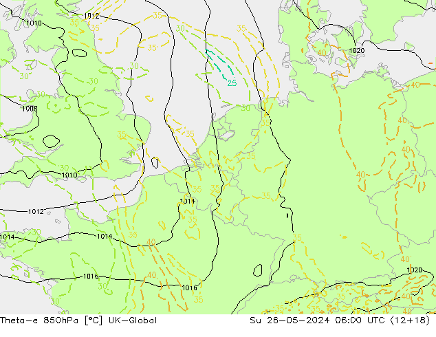 Theta-e 850hPa UK-Global Ne 26.05.2024 06 UTC