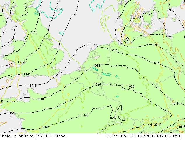 Theta-e 850hPa UK-Global Ter 28.05.2024 09 UTC