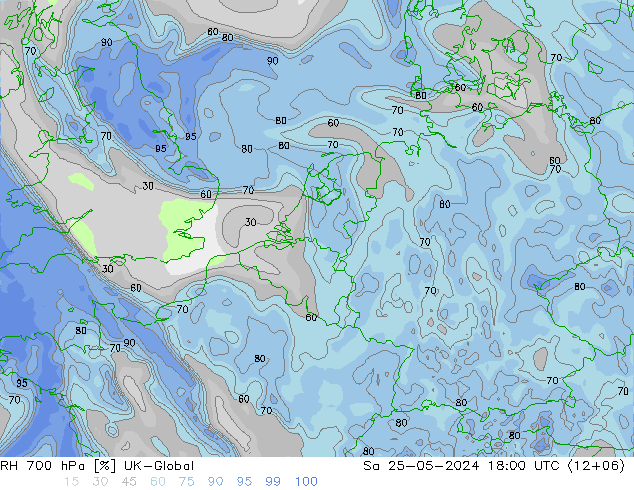 Humedad rel. 700hPa UK-Global sáb 25.05.2024 18 UTC