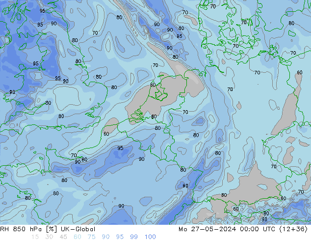 Humidité rel. 850 hPa UK-Global lun 27.05.2024 00 UTC