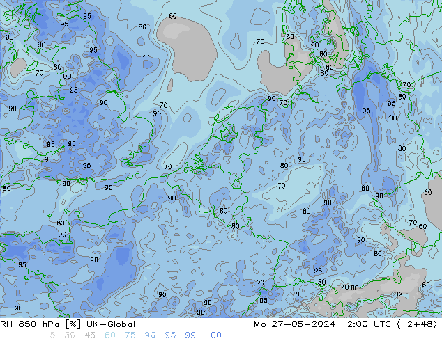 Humedad rel. 850hPa UK-Global lun 27.05.2024 12 UTC