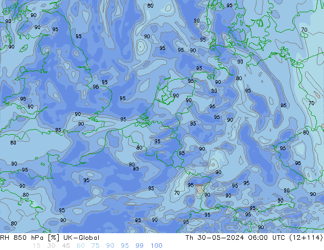 Humedad rel. 850hPa UK-Global jue 30.05.2024 06 UTC