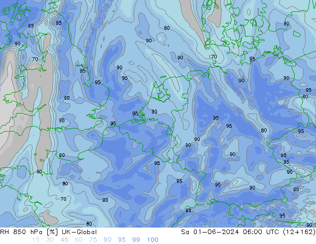 Humedad rel. 850hPa UK-Global sáb 01.06.2024 06 UTC
