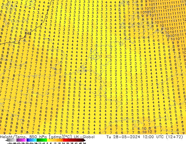 Height/Temp. 850 hPa UK-Global mar 28.05.2024 12 UTC