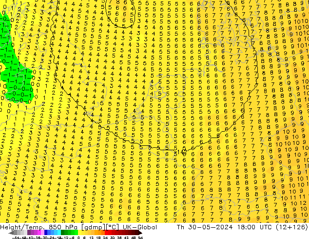 Height/Temp. 850 hPa UK-Global czw. 30.05.2024 18 UTC