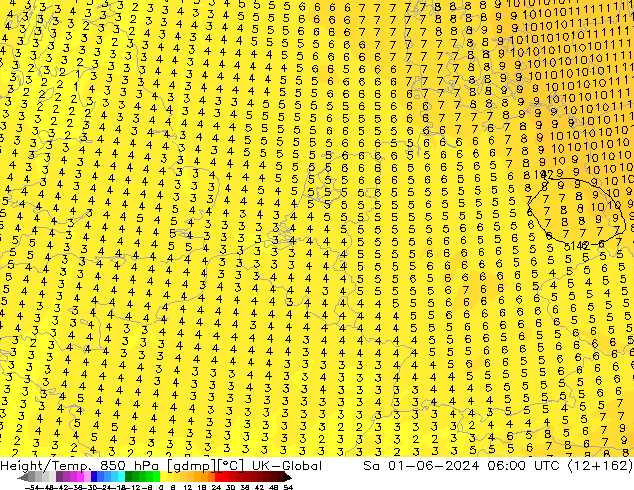 Height/Temp. 850 hPa UK-Global so. 01.06.2024 06 UTC