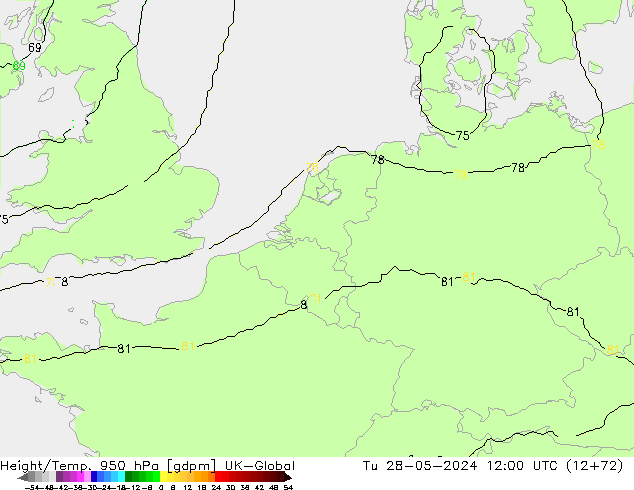Height/Temp. 950 hPa UK-Global mar 28.05.2024 12 UTC
