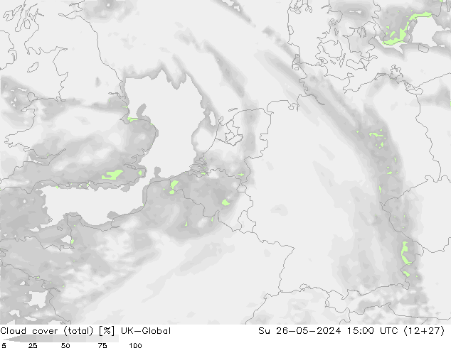 Cloud cover (total) UK-Global Su 26.05.2024 15 UTC