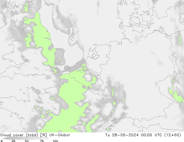 Cloud cover (total) UK-Global Tu 28.05.2024 00 UTC