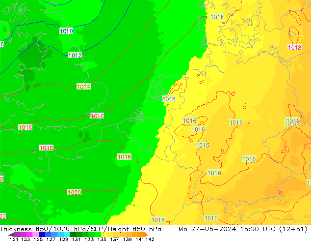 Dikte 850-1000 hPa UK-Global ma 27.05.2024 15 UTC