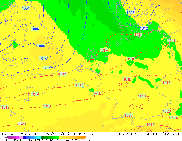 Espesor 850-1000 hPa UK-Global mar 28.05.2024 18 UTC