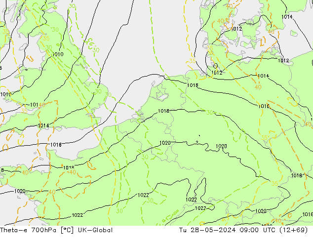 Theta-e 700hPa UK-Global Ter 28.05.2024 09 UTC