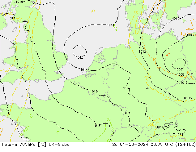 Theta-e 700hPa UK-Global sam 01.06.2024 06 UTC