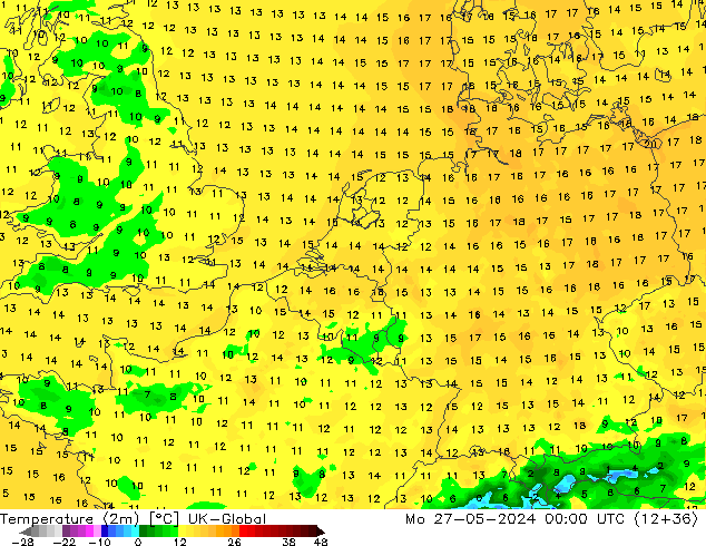 Temperature (2m) UK-Global Mo 27.05.2024 00 UTC