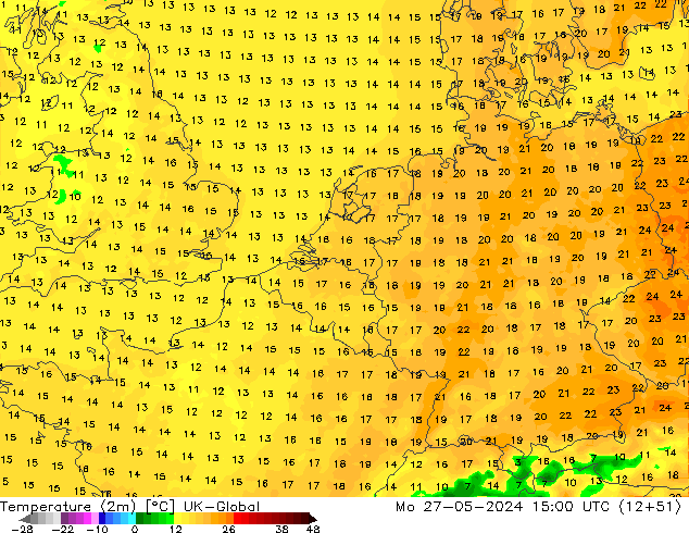 Temperatuurkaart (2m) UK-Global ma 27.05.2024 15 UTC