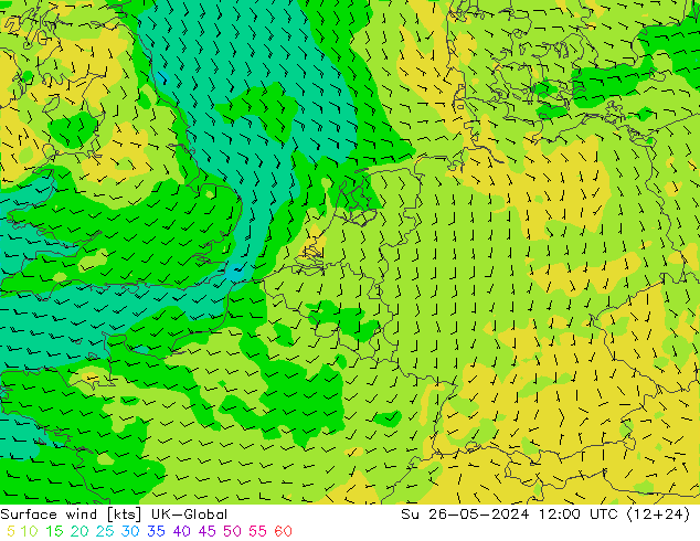 Viento 10 m UK-Global dom 26.05.2024 12 UTC