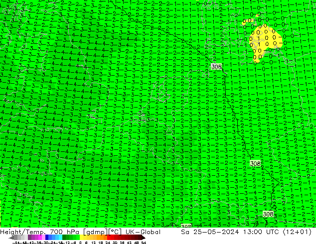 Geop./Temp. 700 hPa UK-Global sáb 25.05.2024 13 UTC