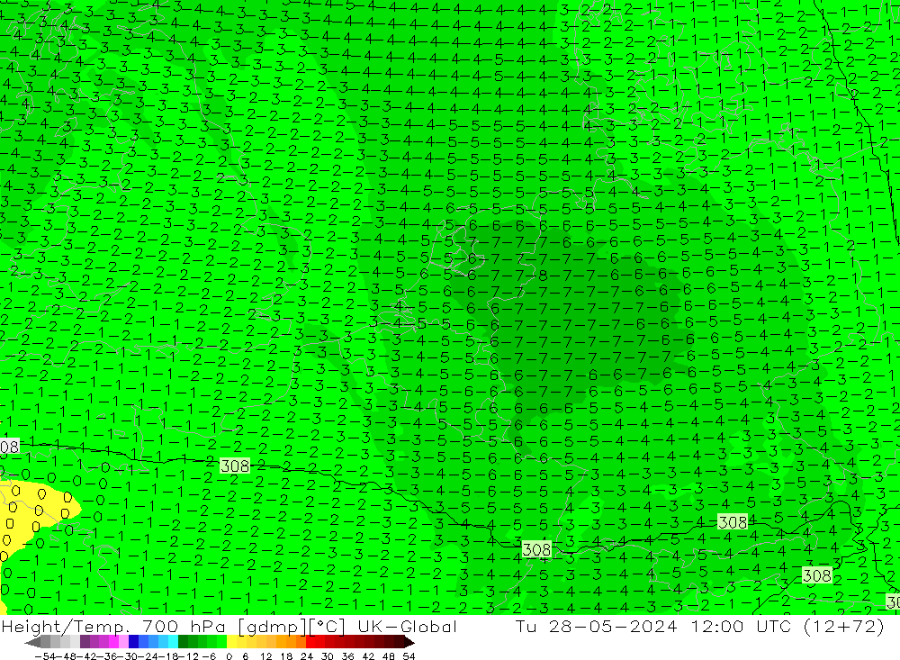 Height/Temp. 700 hPa UK-Global mar 28.05.2024 12 UTC