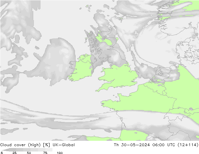 Cloud cover (high) UK-Global Th 30.05.2024 06 UTC