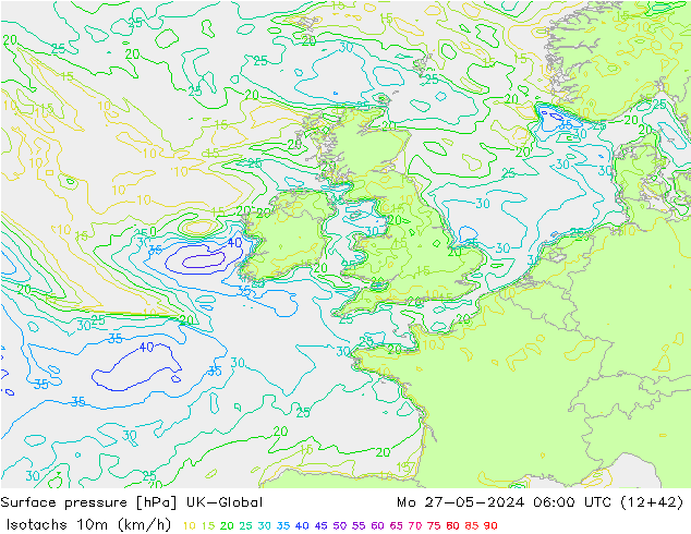 Izotacha (km/godz) UK-Global pon. 27.05.2024 06 UTC