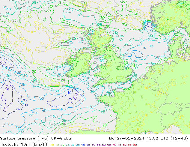 Izotacha (km/godz) UK-Global pon. 27.05.2024 12 UTC