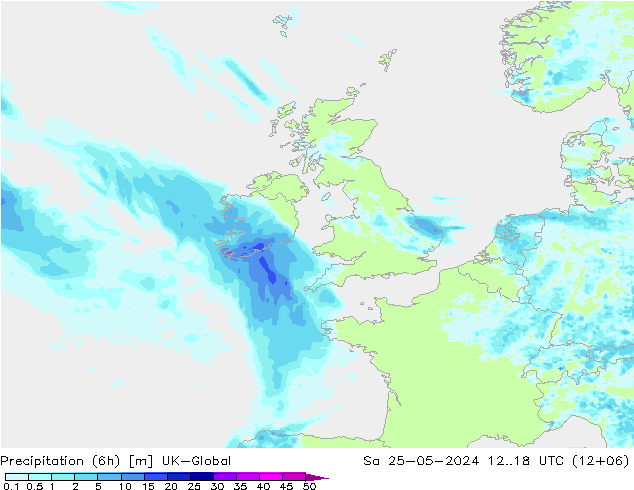 Totale neerslag (6h) UK-Global za 25.05.2024 18 UTC