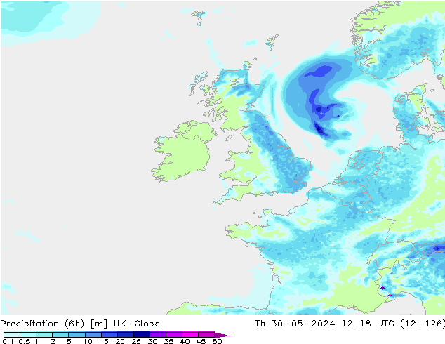 Precipitation (6h) UK-Global Čt 30.05.2024 18 UTC