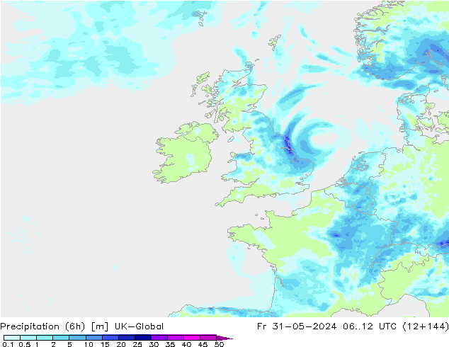 Precipitation (6h) UK-Global Fr 31.05.2024 12 UTC