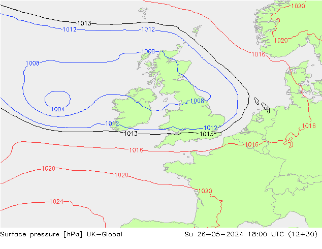 Pressione al suolo UK-Global dom 26.05.2024 18 UTC