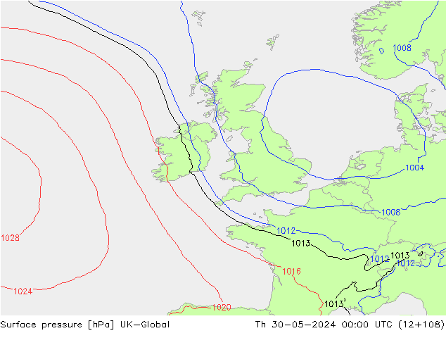 Pressione al suolo UK-Global gio 30.05.2024 00 UTC