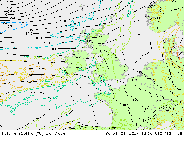 Theta-e 850гПа UK-Global сб 01.06.2024 12 UTC