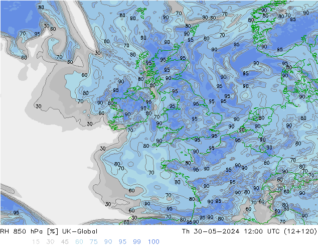 RH 850 гПа UK-Global чт 30.05.2024 12 UTC