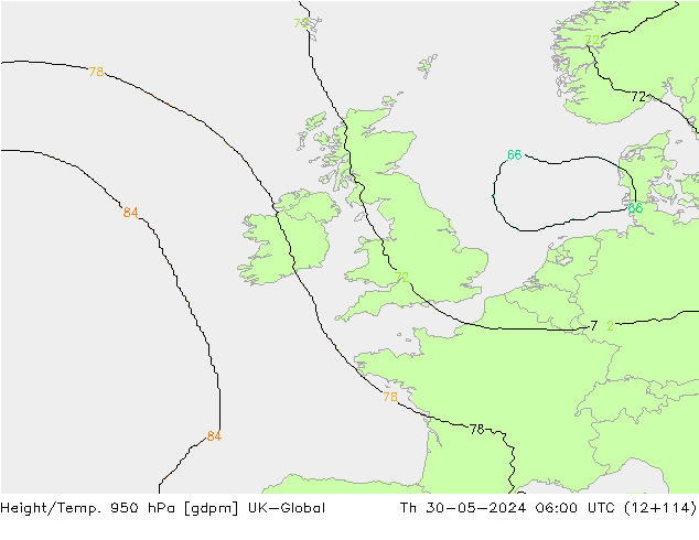 Height/Temp. 950 hPa UK-Global Qui 30.05.2024 06 UTC