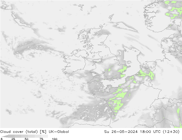 Cloud cover (total) UK-Global Su 26.05.2024 18 UTC