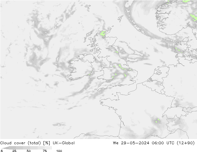 Cloud cover (total) UK-Global We 29.05.2024 06 UTC